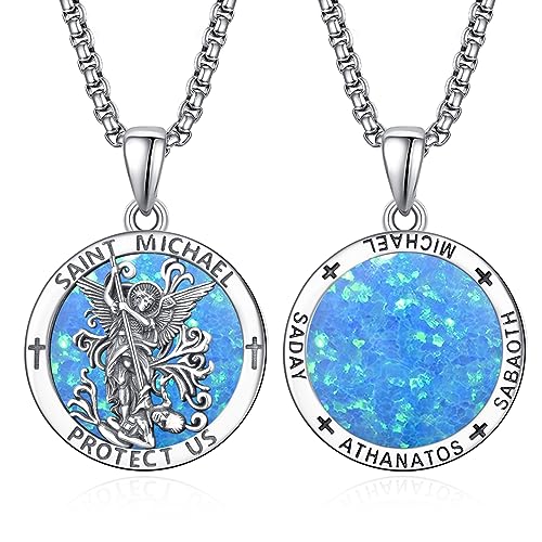 ADMETUS Saint Medals 925 Sterling Silver Protection Necklace Amulet Jewellery Religious Gifts for Men with 2.5mm 22"+2" Rolo Chain A00-Saint Michael (Blue Opal)
