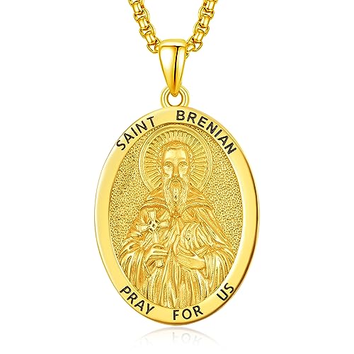 ADMETUS Gold St Brendan Medal Sterling Silver Saint Brendan the Navigator Medal Gold Saint Brendan Necklace Gold St. Brendan Pendant Necklace Religious Gifts for Men