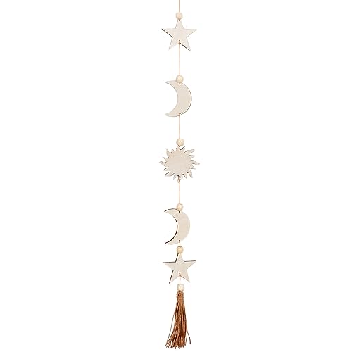 CREATCABIN Moon Star Wall Hanging Decor Wooden Bohemian Wall Art Decorations Moon Garland Ornaments Pendant with Wheat Tassel Beads for Home Bedroom Living Room Dorm Nursery Apartment Office 30.3inch Moon Stars