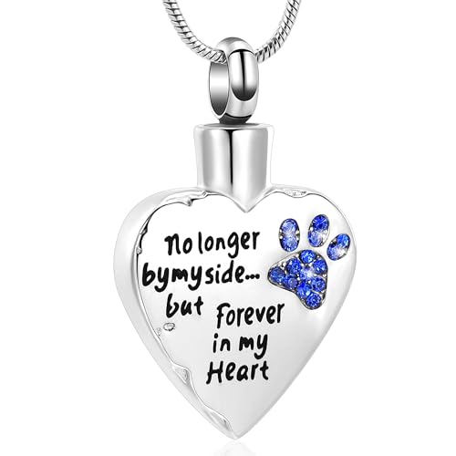 Urn Necklace for Ashes Personalized Urn Pendant Heart Necklace Pets Paw Print Keepsake Waterproof Memorial Gifts for Dogs A-Silver-Blue