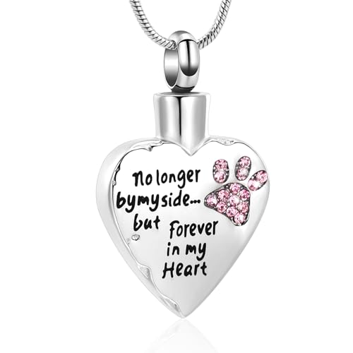 Urn Necklace for Ashes Personalized Urn Pendant Heart Necklace Pets Paw Print Keepsake Waterproof Memorial Gifts for Dogs Silver-Pink