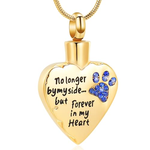 Urn Necklace for Ashes Personalized Urn Pendant Heart Necklace Pets Paw Print Keepsake Waterproof Memorial Gifts for Dogs Gold-Blue