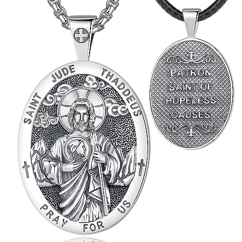 925 Sterling Silver San Judas Tadeo Medal Necklace for Women Men, Vintage Saint Jude Thaddeus Amulet Pendant Christian Catholic Jewelry Religious Gifts, 24"+20"