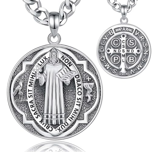 INFUSEU St Christopher/St Michael/St Benedict/Saint Jude//Virgin Mary Miraculous Medal Jesus Cross 7 Archangels Seal 925 Sterling Silver Pendant for Men Women Saints Necklace Religious Amulets 01-Saint Benedict 3