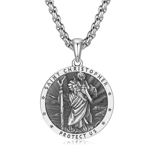 FANCIME St Christopher St Michael Necklace for Men Women 925 Sterling Silver St Christopher St Michael Pendant Necklace Fine Jewelry Gifts For Men Women, With Strong Stainless Steel Box Chain 24 Inch