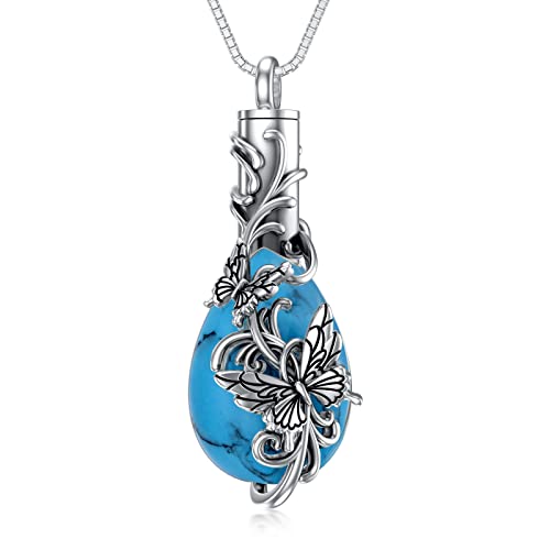 Butterfly Urn Necklace for Ashes for Women 925 Sterling Silver Oxidation Turquoise Teardrop Cremation Jewellry Memorial with Funnel Filler