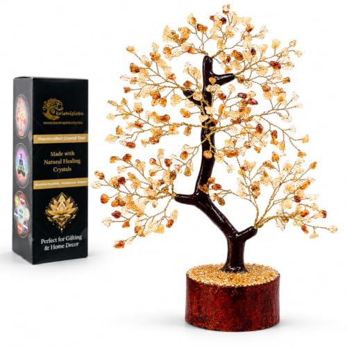 Citrine Crystal Tree of Life, Healing Gemstone Money Tree for Good Luck, Prosperity & Positive Energy, Handmade Feng Shui Bonsai Decor for Home Office, Spiritual Gifts for Women & Men Citrine - Yellow (Golden Wire)