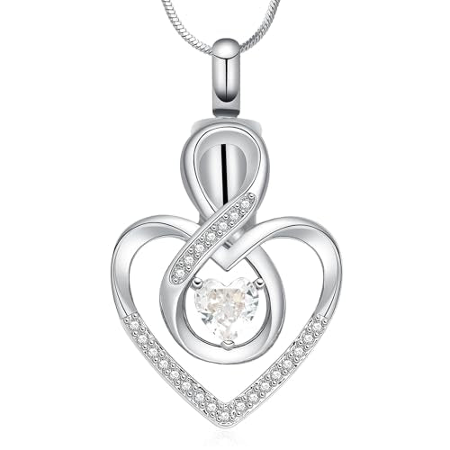 Minicremation Cremation Heart Urn Necklace Ashes Jewelry for Women,Birthstone Locket Keepsake Pendant infinitely Heart Memorial Locket Ash Holder for Human/Pet Silver-White