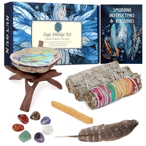 Nutgun Sage Smudge Kit - 2 White Sage Sticks, 1 Chakra Sage Stick, Palo Santo, Abalone Shell, Stand, Smudging Feather, 7 Chakra Stones & Guide ~ Sage Incense Sticks for Cleansing House & Meditation Sage Smudge Kit With Healing Stones