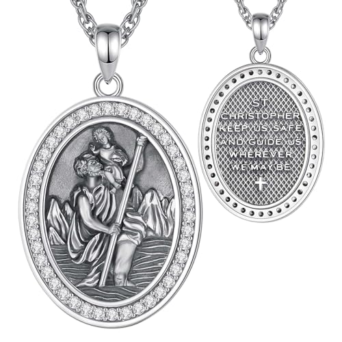 CELESTIA St Christopher St Benedict Medal Saint Michael Archangel Miraculous Medal Jesus Cross Crucifix Necklace Sterling Silver Jewellery for Women/Men Stainless Steel Chain 05 St Christopher