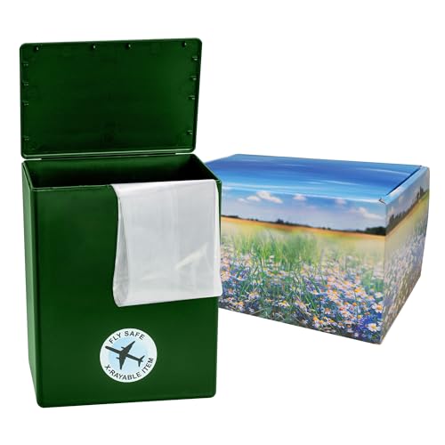 Mainely Urns Meadow Themed TSA Approved Fly-Safe and Temporary Travel Cremation Urn Kit for Human Ashes - Airline and Mail Friendly - 200 Cubic Inch Capacity - Green Plastic Urn with Floral Mailing
