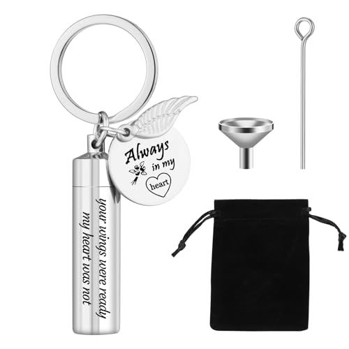 Fanshiontide Cremation Jewelry Urn Keychain for Ashes, Cylinder Memorial Angel Wing Keepsake Urn Key Chain Stainless Steel for Human Pet Ashes Silver