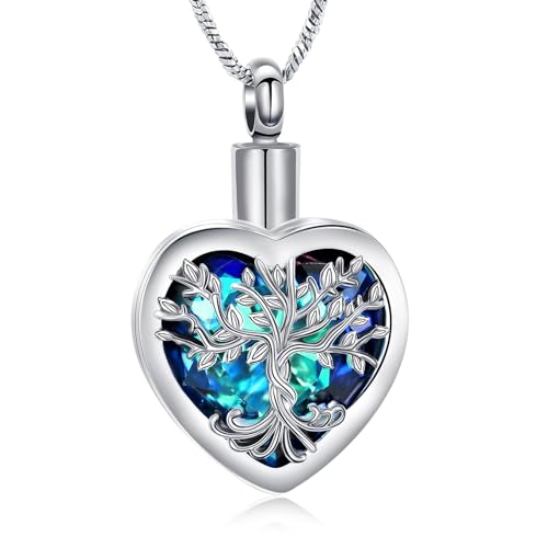 Tree of Life Urn Necklaces for Ashes Celtic Heart Cremation Jewelry Memorial Keepsake Jewelry w/Funnel Filler Gifts for Women Men Silver-blue