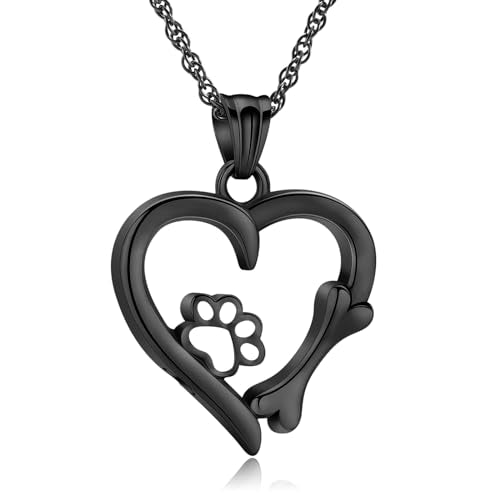 Paw Print Urn Necklace Heart Locket Necklace for Ashes Dog Cat Charms Pendant Cremation Jewelry Cat Dog Keepsake Memorial Gifts for Women Girls (Black) Black