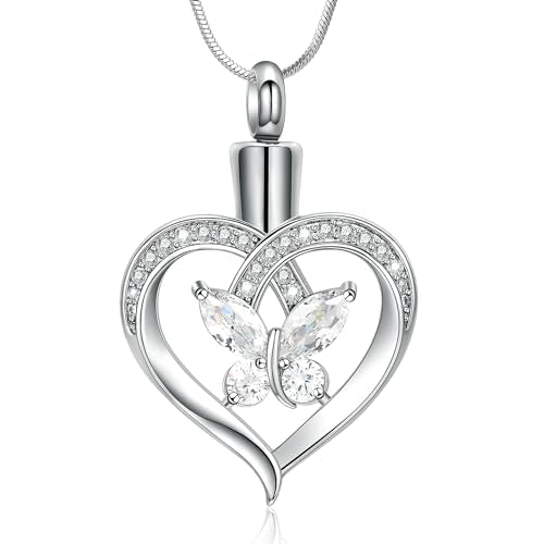 Minicremation Cremation Jewelry Heart Urn Necklace Ashes for Women infinitely Cremation jewellery Birthstone Locket Crystals Ash Loved One Memorial Pendant Butterfly-Silver