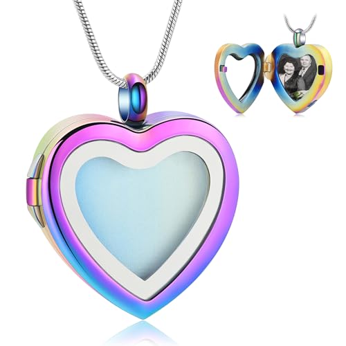 Cremation Jewelry Necklace - Heart Shaped Memorial Picture Lockets for Ashes - Stainless Steel Keepsake Urn Pendants That Holds Pictures & Photos Rainbow