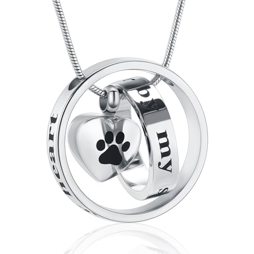 Forever in My Heart,No Longer by My Side Pet Cremation Jewelry for Ashes of Dog/Cat Funeral Keepsake Urn Necklace Paw Print Memorial Necklace Silver-Black Paw