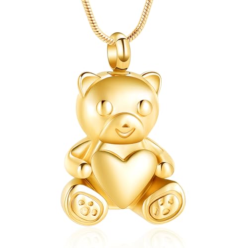 Cremation Jewelry - Teddy Bear Urn Necklace for Men Women with Mini Keepsake Urn Memorial Ash Jewelry Gold
