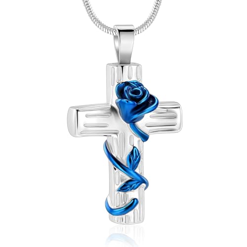 Rose Flower Cremation Jewelry for Ashes Pendant - Rose Flower Cross Urn Necklace with Mini Keepsake Urn Memorial Ash Jewelry Blue