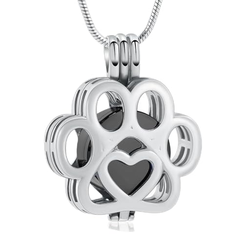 Pet Cremation Jewelry For Ashes For Dog/Cat Paw Stainless Steel Memorial Locket Urn Necklace Inside Mini Case Keepsake Cremation Jewelry Women Men Silver-Black
