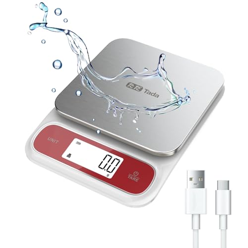 Tada 5kg Food Kitchen Digital Scale with 0.1g Precision IPX6 Waterproof, Type-C Charging, Ounces and Grams for Weight Loss, Cooking, Baking White+Red