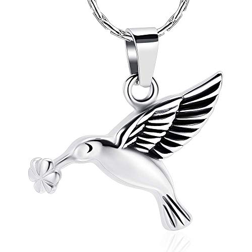Hummingbird Cremation Jewelry Keepsake Stainless Steel Human Pet Urn Necklace for Ashes for Women Men Memorial Pendant Silver