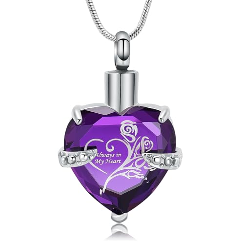 Crystal Heart Shape Cremation Jewelry Memorial Urn Necklace for Ashes, Stainless Steel Ash Holder Pendant Keepsake with Gift Box Charms Accessories for Women Silver-Purple