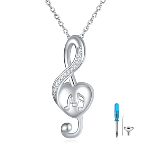 VONALA Music Necklace 925 Sterling Silver Music Note Heart Pendant Musical Necklace Cubic Zirconia Musical Jewellery Gift for Women Girls Music Note Urn