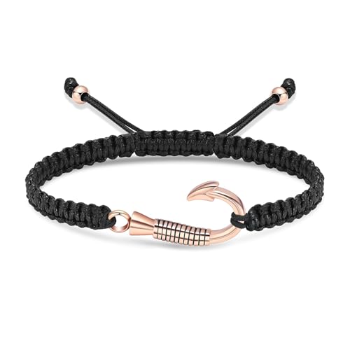 Anchor Urn Bracelet for Ashes Fish Hook Cremation Bracelet for Ashes Hand Rope Ash Bracelet for Men Women Memorial Ashes Holder Rose-Hook