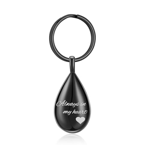 Cremation Keychain for Ashes Always In My Heart Urn Locket Cremation Jewelry Teardrop Memorial Keepsake Keychain Black