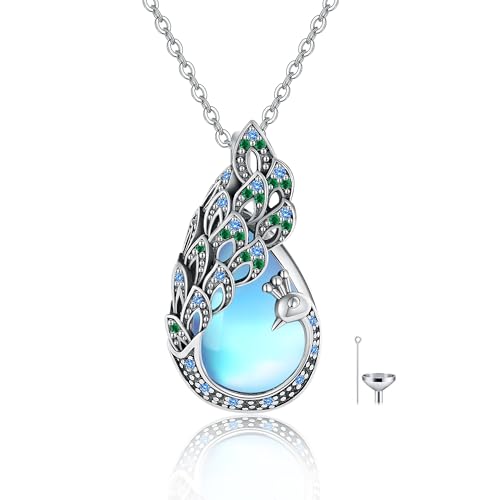 DAYLINLOVE Peacock Necklace 925 Sterling Silver Emerald Moonstone Peacock Urn Pendant Necklace Memorial Keepsake Peacock Cremation Jewelry Moonstone Urn Necklace