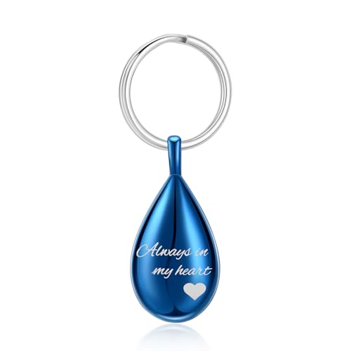 Cremation Keychain for Ashes Always In My Heart Urn Locket Cremation Jewelry Teardrop Memorial Keepsake Keychain Blue