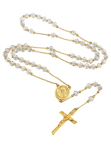 Supcare Rosary Beads Catholic Necklace for Women, Archangel St Michael/Christopher/Mary Cross Pendant Necklaces Stainless Steel/Gold/Black, With Gift Packaging st.michael-white