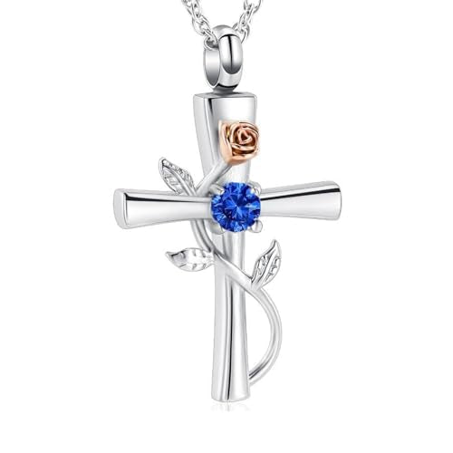 Cross Urn Necklace for Ashes Birthstone Rose Flower Cremation Jewelry for Women Gilrs Keepsake Memorial Ashes Pendant Silver-Dark Blue