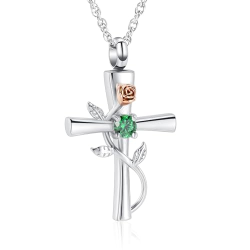 Cross Urn Necklace for Ashes Birthstone Rose Flower Cremation Jewelry for Women Gilrs Keepsake Memorial Ashes Pendant Silver-Green