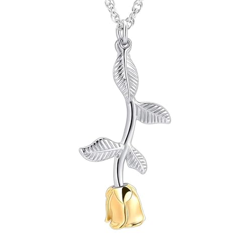 Rose Flower Urn Necklace Cremation Jewelry for Ashes for Women Girls Urn Keepsake Pendant Human Pet Memorial Locket Holder Silver-Gold