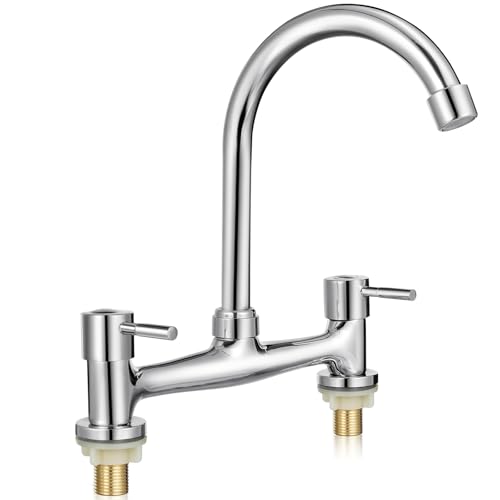 Housoutil Kitchen Tap 2 Hole Mixer Dual Handle Basin Faucet for Kitchen Sink and Bathroom Vanity Hot and Cold Water Control Rotating Spout 11.61 X 9.45 X 1.57 in