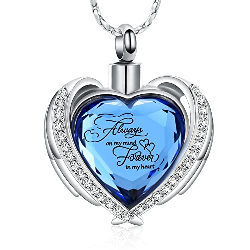 Cremation Jewelry for Ashes Pendant - Crystal Heart Urn Necklace with Mini Keepsake Urn Memorial Ash Jewelry Always-Silver-Blue