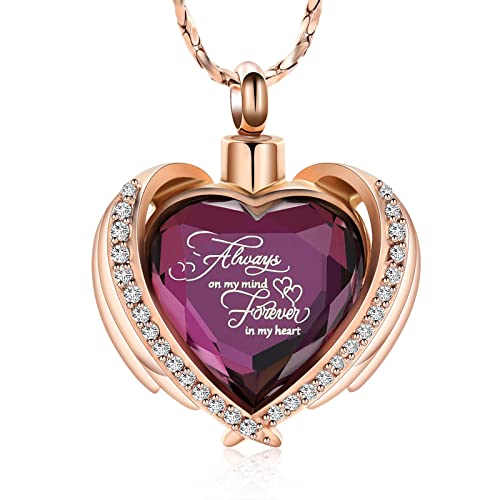 Cremation Jewelry for Ashes Pendant - Crystal Heart Urn Necklace with Mini Keepsake Urn Memorial Ash Jewelry Always-Rose Gold-Purple
