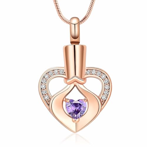 Birthstone Heart Urn Necklace for Ashes Keepsake Memorial Lover Cremation Jewellery for Women Mother Girls Pink-purple