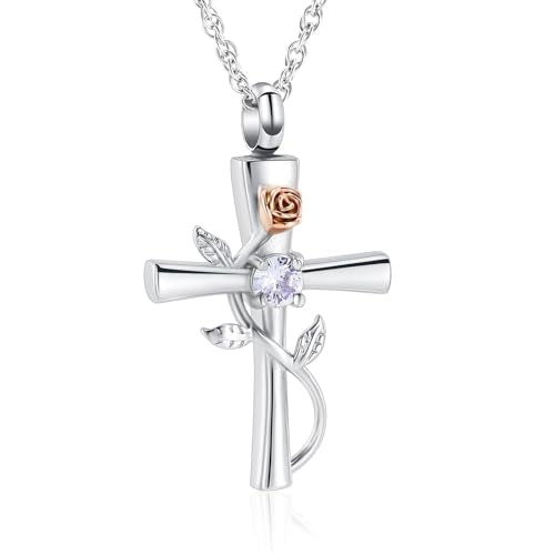 Cross Urn Necklace for Ashes Birthstone Rose Flower Cremation Jewelry for Women Gilrs Keepsake Memorial Ash Pendant Silver-light purple