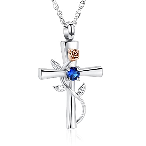 Cross Urn Necklace for Ashes Birthstone Rose Flower Cremation Jewelry for Women Gilrs Keepsake Memorial Ash Pendant, Stainless Steel Silver-Blue