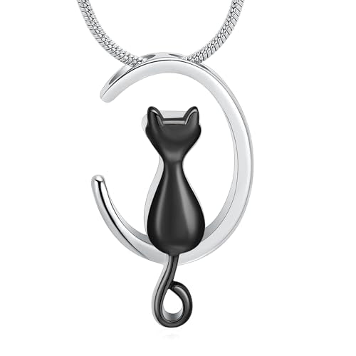 memorial jewelry Cat Urn Necklaces for Ashes for Women Men Cremation Pendant Necklace for Ashes Stainless Steel Silver-Black