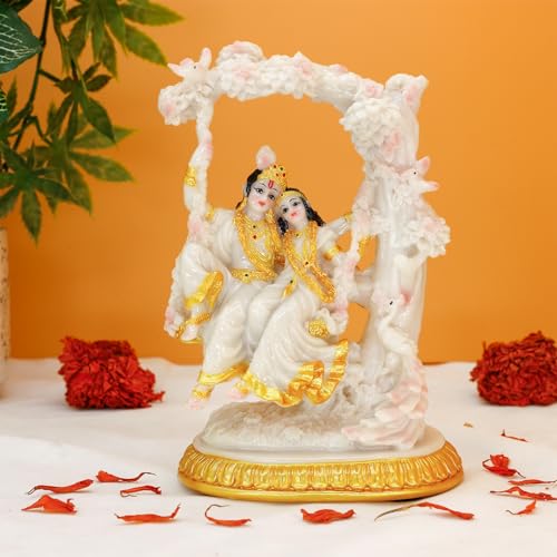 BangBangDa Radha Krishna Statue on Swing - Marble Color 6.7”H Polystone Indian Murti Krishna Idol for Valentine/Wedding/Birthday/Diwali for Indian Family Man Women Pooja Item