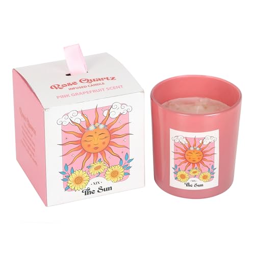 Celestial Dreams Candle: Pink Grapefruit Fragranced Sun Tarot Inspired Rose Quartz Crystal Chip Spiritual Home Decor
