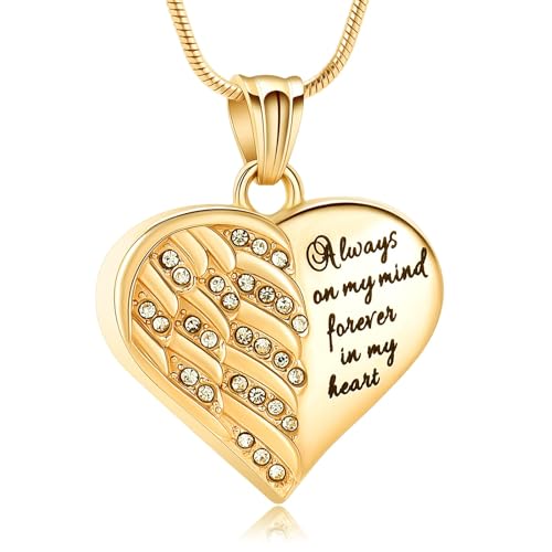 Heart Urn Necklace for Ashes for Women Men Angle Wings Cremation Jewellery Keepsake Pendant Memorial Locket Ash Holder Forever In My Heart Gold