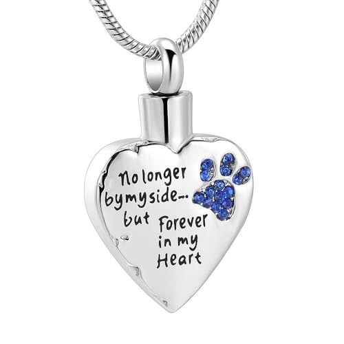 Pet Cremation Jewellery Stainess Steel Heart Urn Necklace for Ashes Keepsake Ashes Necklace Dog Cat Paw Memorial Urn Pendant for Women Men Silver-blue