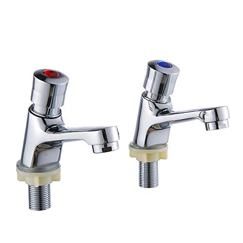 Bathroom Basin Taps Pair 1/2 Hot Cold Mixer Bathroom Sink Taps Non Concussive Self Closing Basin Tap Push Time Delay Basin Faucet Rust-Proof Brass Sink Washbasin Tap for Home Hotel Public Toilet