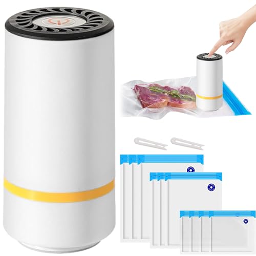 Mini Portable Food Vacuum Sealer Machine USB Rechargeable with 10 Reusable Bags, Handheld Vacuum Sealer Set for Dry or Moist Food, Compact Handy Pump for Food Storage, Sous Vide Preservation Cooking