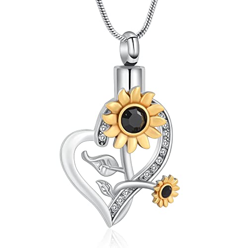 Sunflower Cremation Jewelry Heart Crystals Urn Necklace for Ashes for Women Human Ashes Pendant Pet Keepsake Memorial Jewellery Black